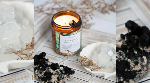wyld shop wellbeing guide: innerfyre affirmation candle and crystals for the home