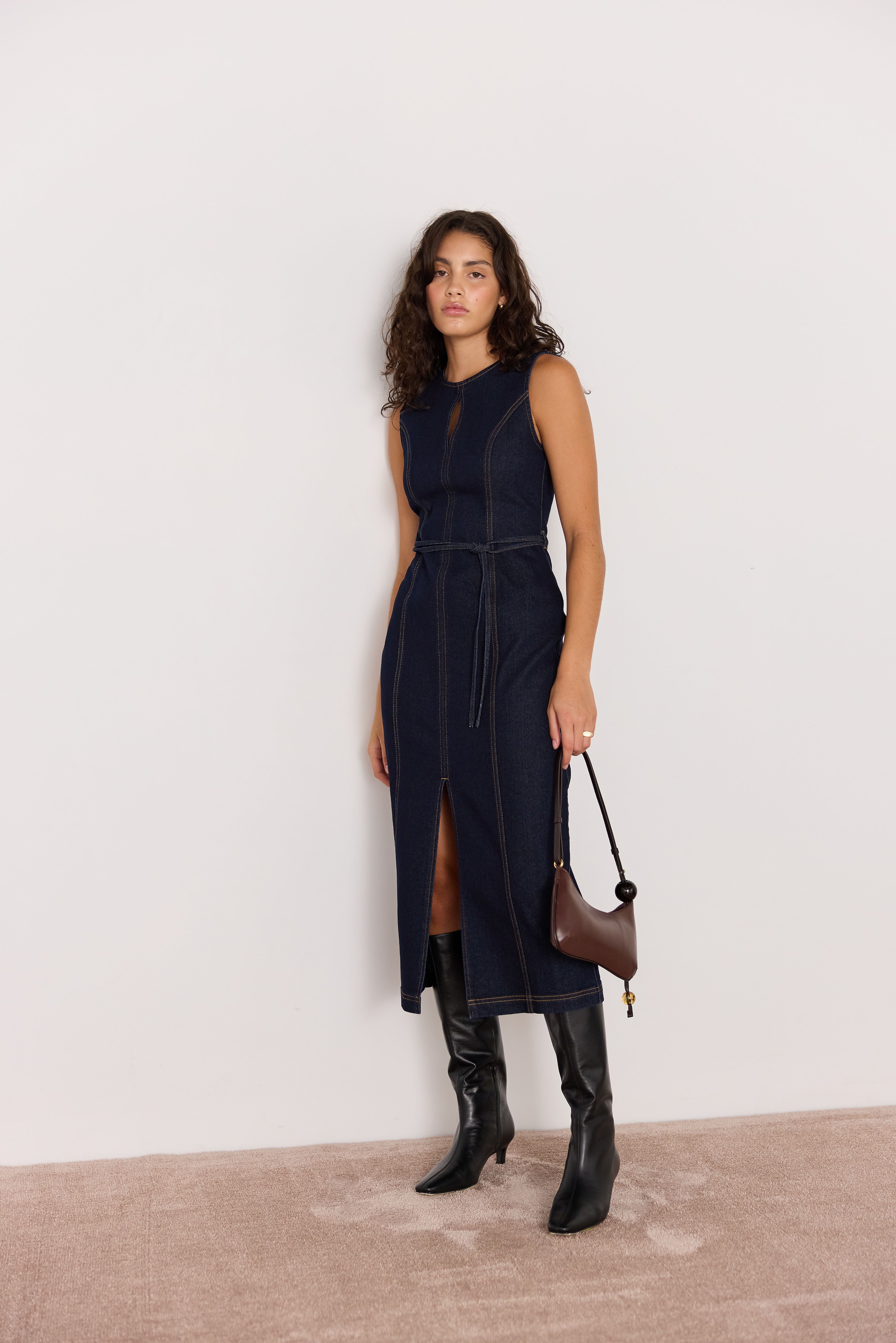 MINKPINK Raya Indigo Denim Belted Midi Dress