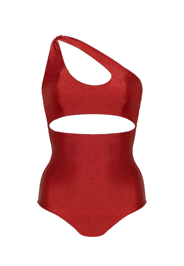 HÁI Asymmetric Cut-Off One Piece Swimsuit - Garnet Red