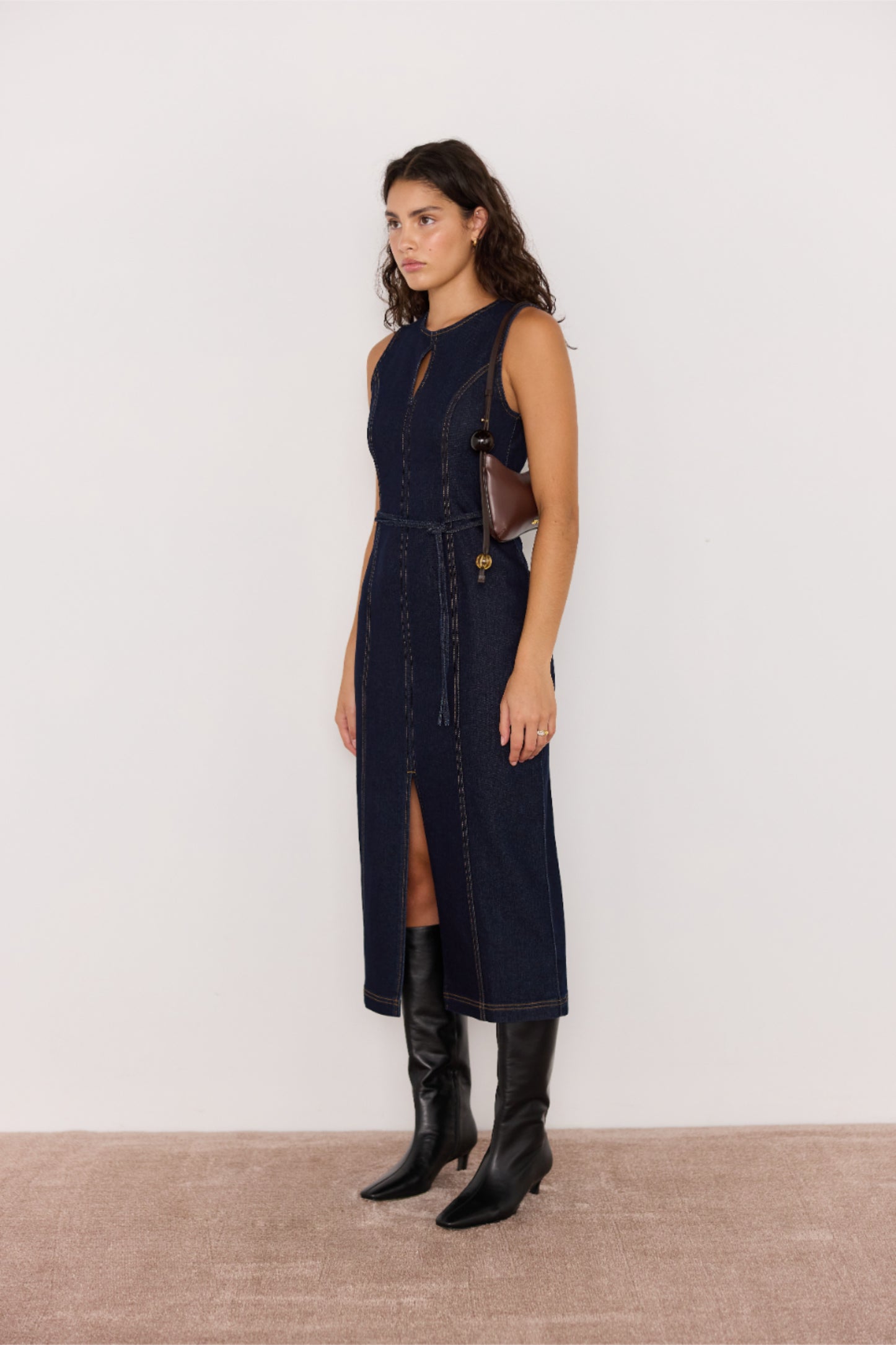 MINKPINK Raya Indigo Denim Belted Midi Dress