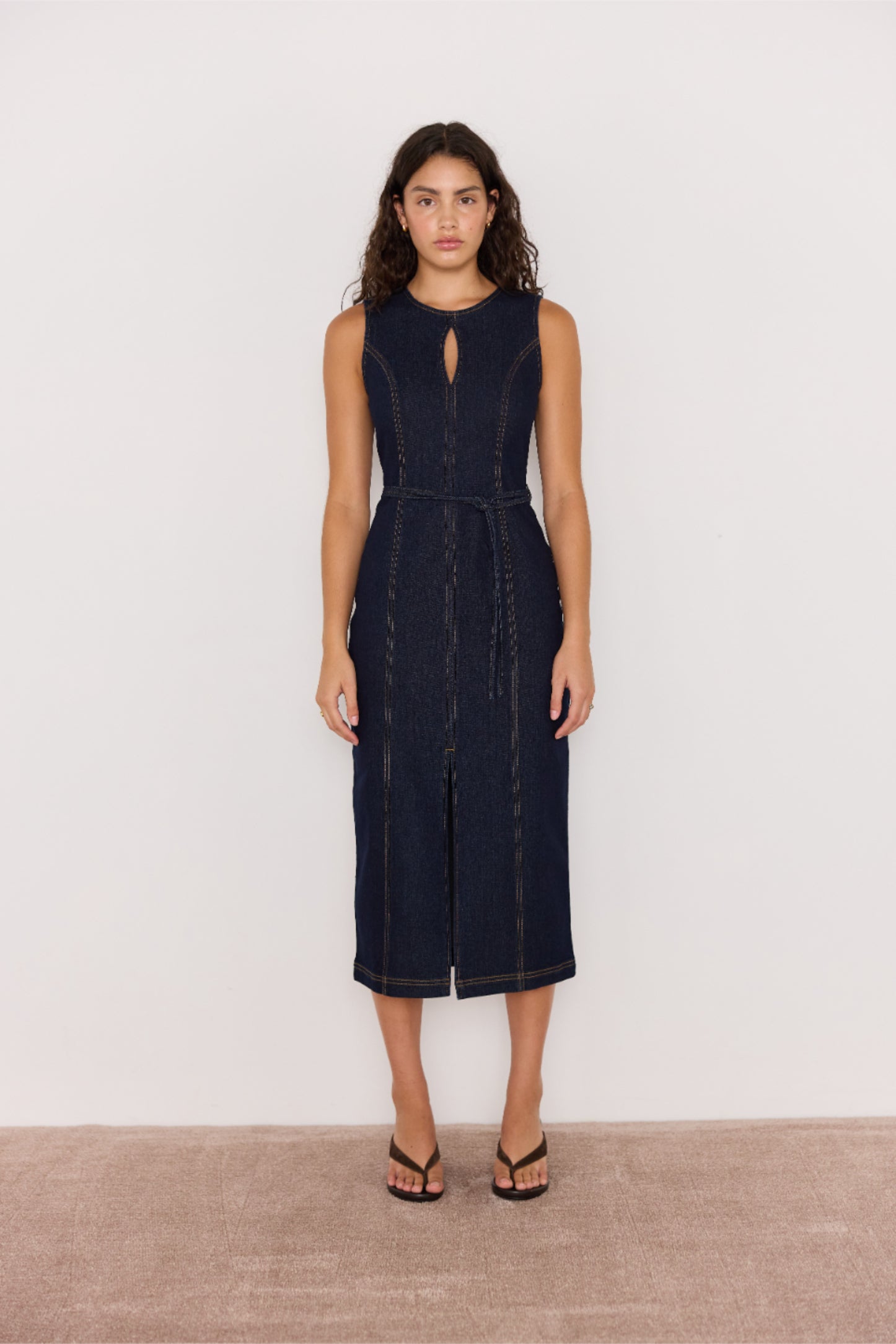 MINKPINK Raya Indigo Denim Belted Midi Dress