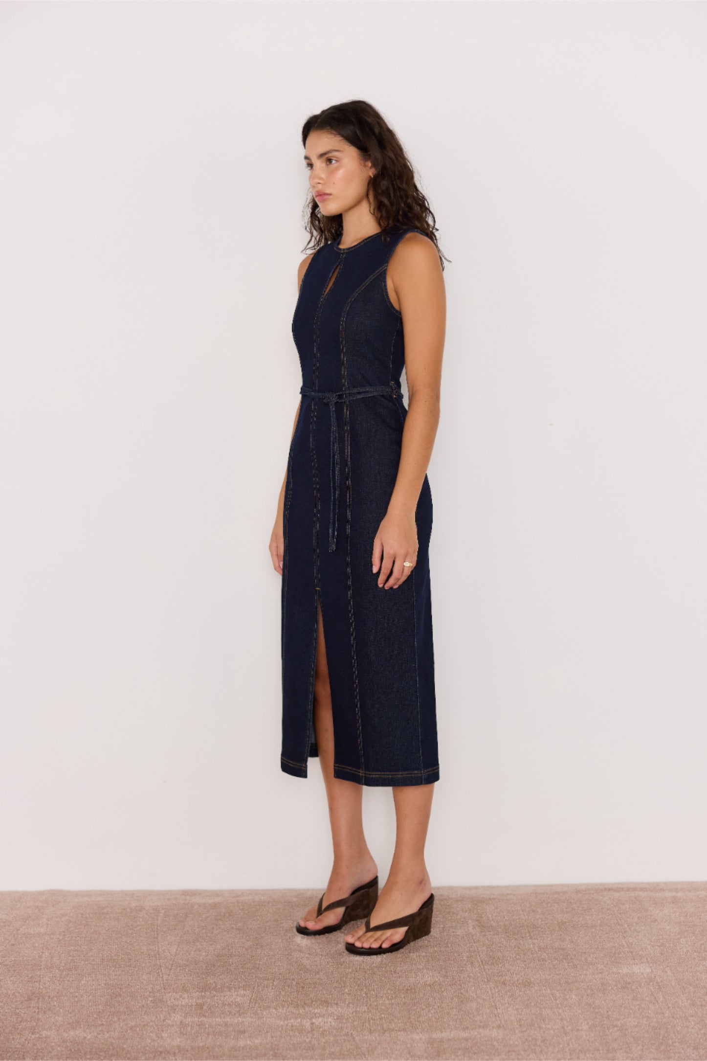 MINKPINK Raya Indigo Denim Belted Midi Dress