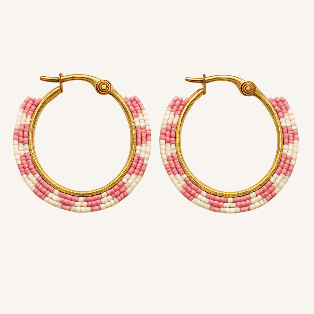 Pantala Musubi Woven Hoops - Silver Pink and Cream