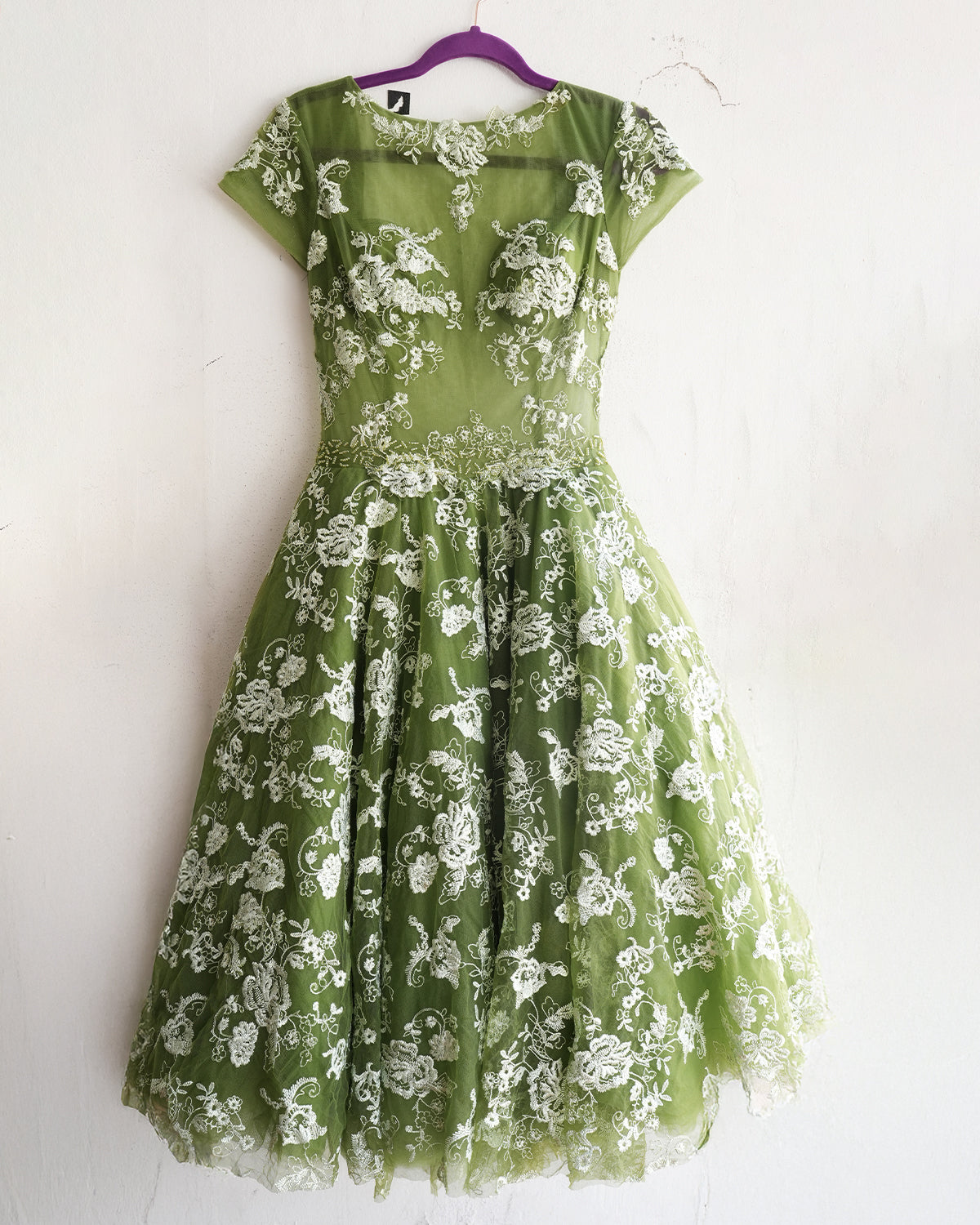 Green Embroidered Tulle Backless Dress