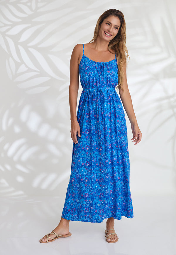 Indii Breeze Cami Plain Maxi Dress with Belt - Meadow Blue