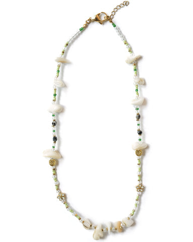 Envet Matcha Babe Necklace laid flat, adjustable green beaded necklace with shell details and gold-plated clasp
