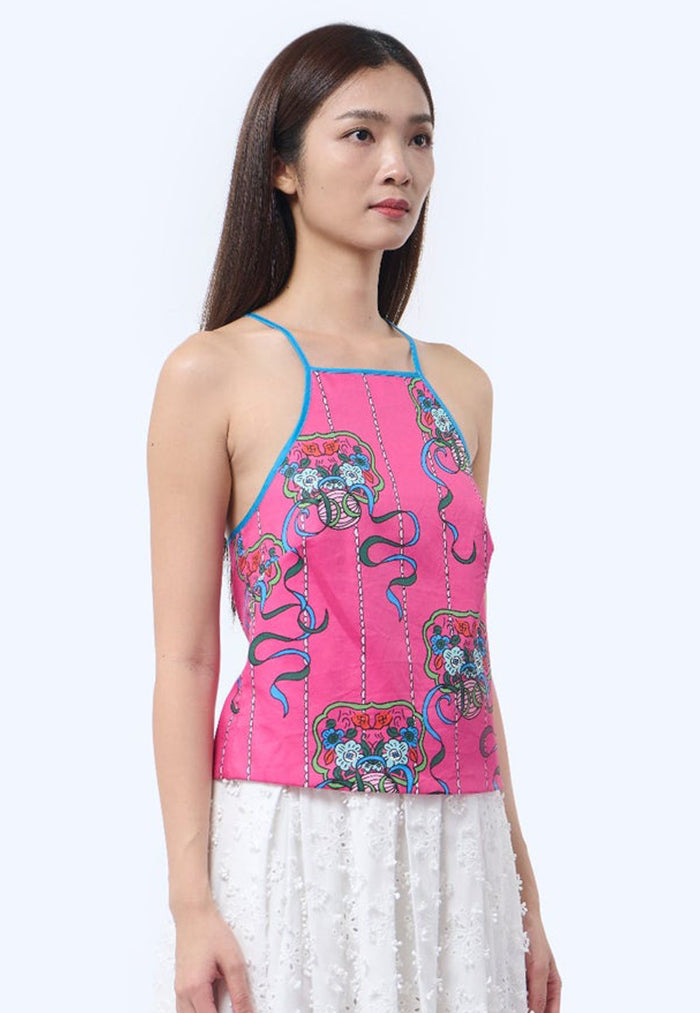 Nala Chinese Bustier Top - Ribbons Magenta