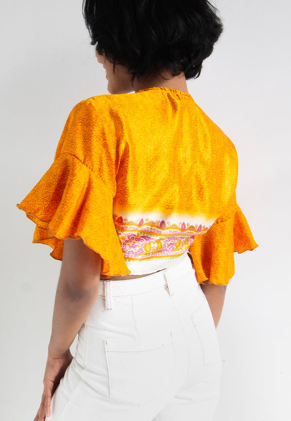 Raja Rani Upcycled Silk Short Sleeves Wrap Top - Saffron