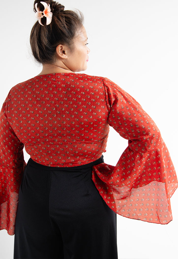 Raja Rani Upcycled Silk Crop Wrap Top - Terracotta