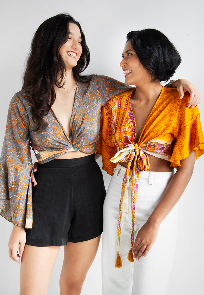 Raja Rani Upcycled Silk Long Sleeves Wrap Top - Silver