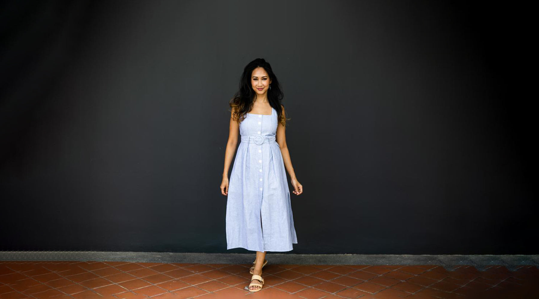Staple the label blue linen sloane midi dress at Wyld Shop