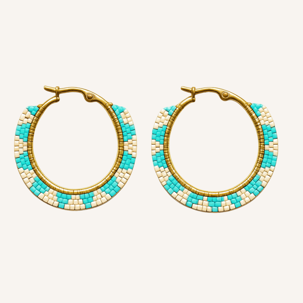 Pantala Musubi Woven Hoops - Gold Turquoise and Cream
