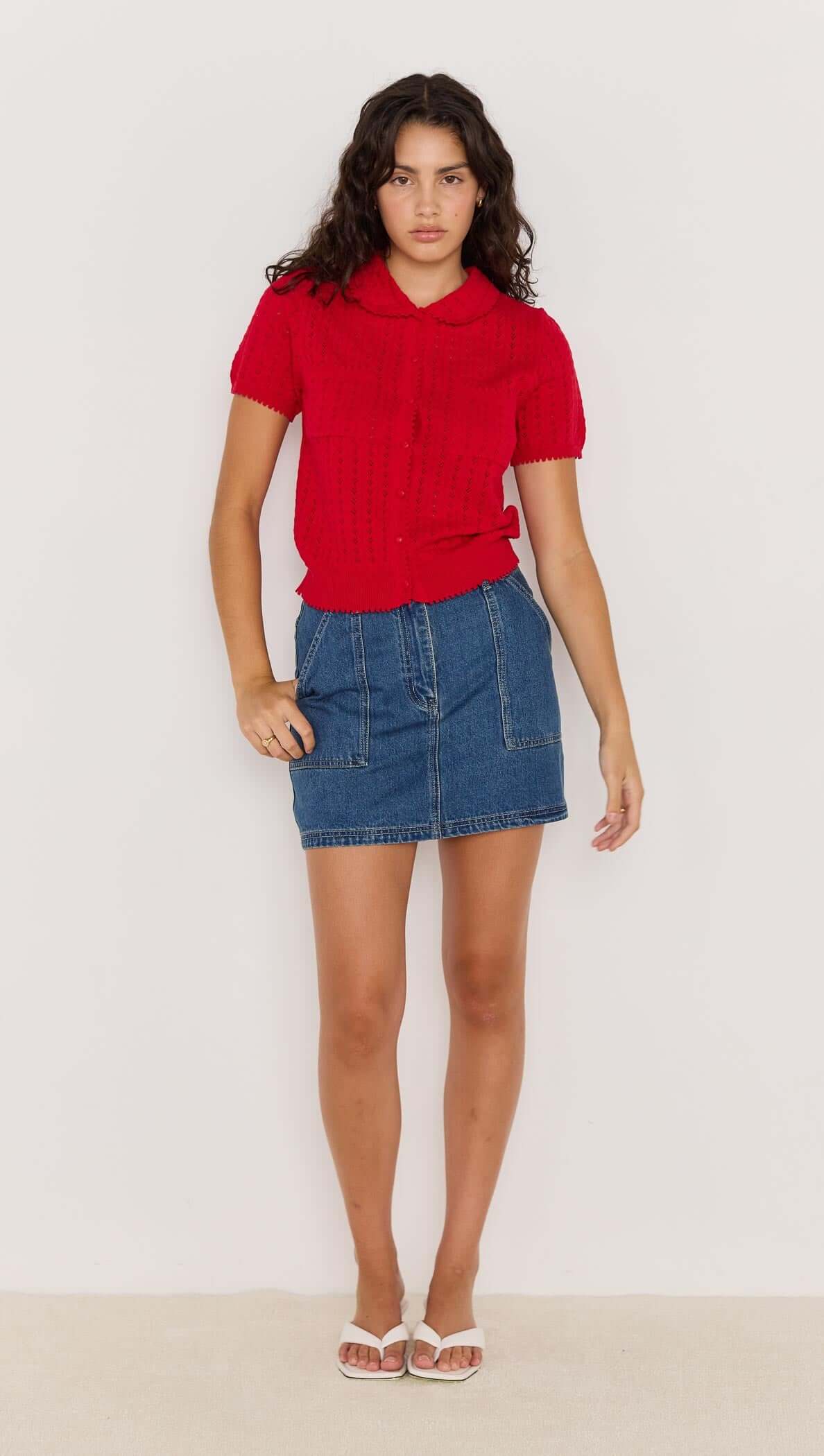 MINKPINK Lila Pointelle Knit Tee - Red