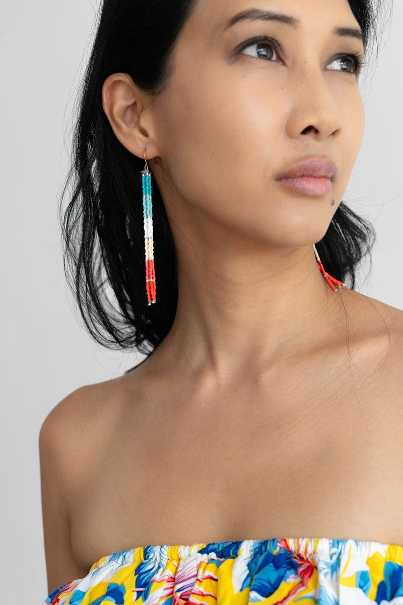 Pantala Ari 4 Strand Earrings - Red and Turquoise