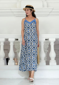 Vine and Branches Ase Spaghetti Strap Dress - Tribal Blue