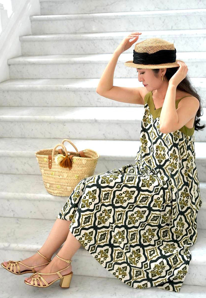 Vine and Branches Ase Spaghetti Strap Dress - Tribal Olive