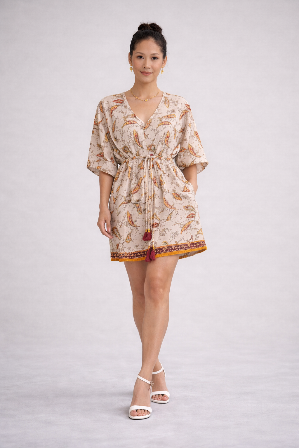 Raja Rani Upcycled Silk Short Kaftan - Golden Pearl