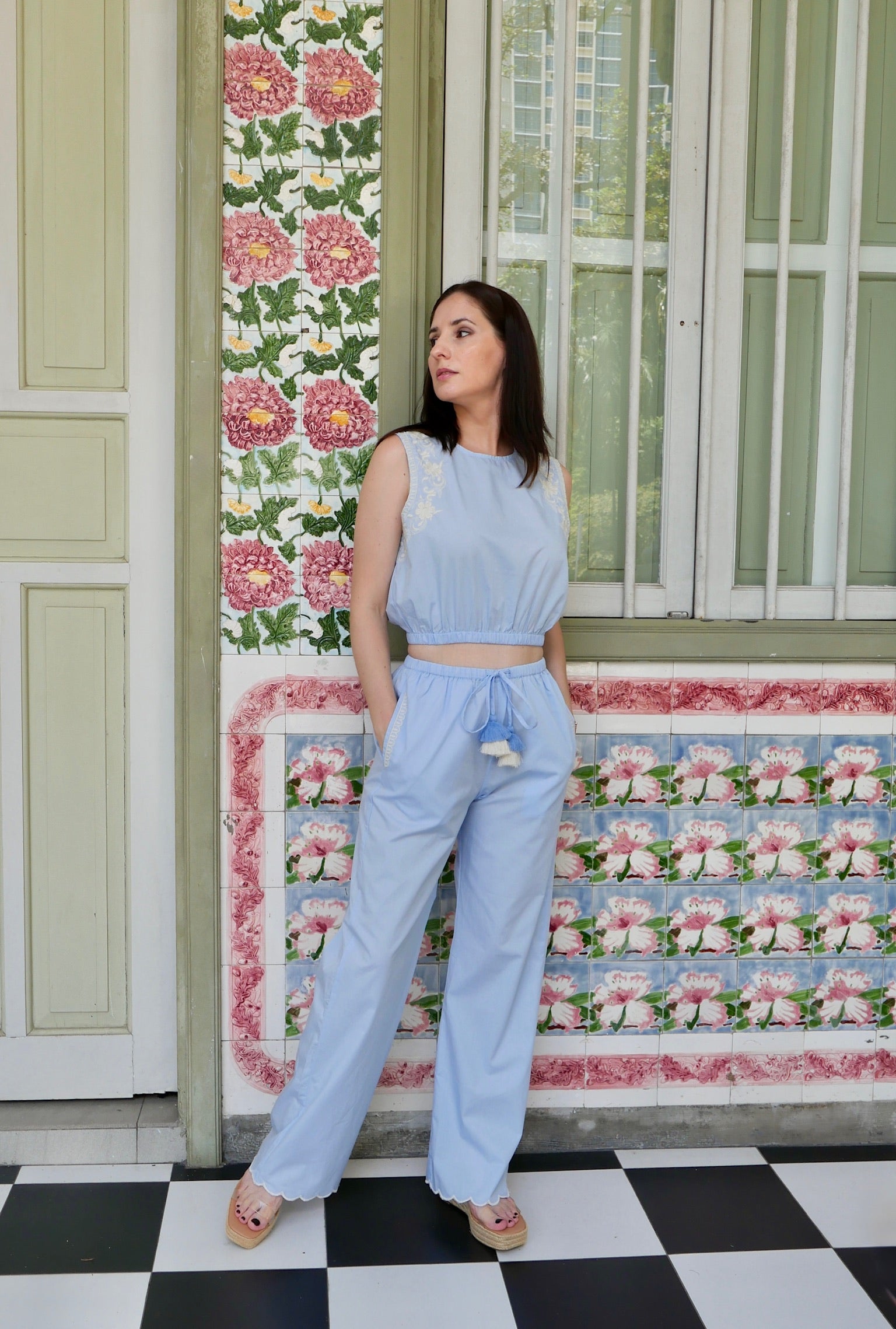 Apostrophe The Label Croatia Sleeveless Embroidered Pants Set - Light Blue