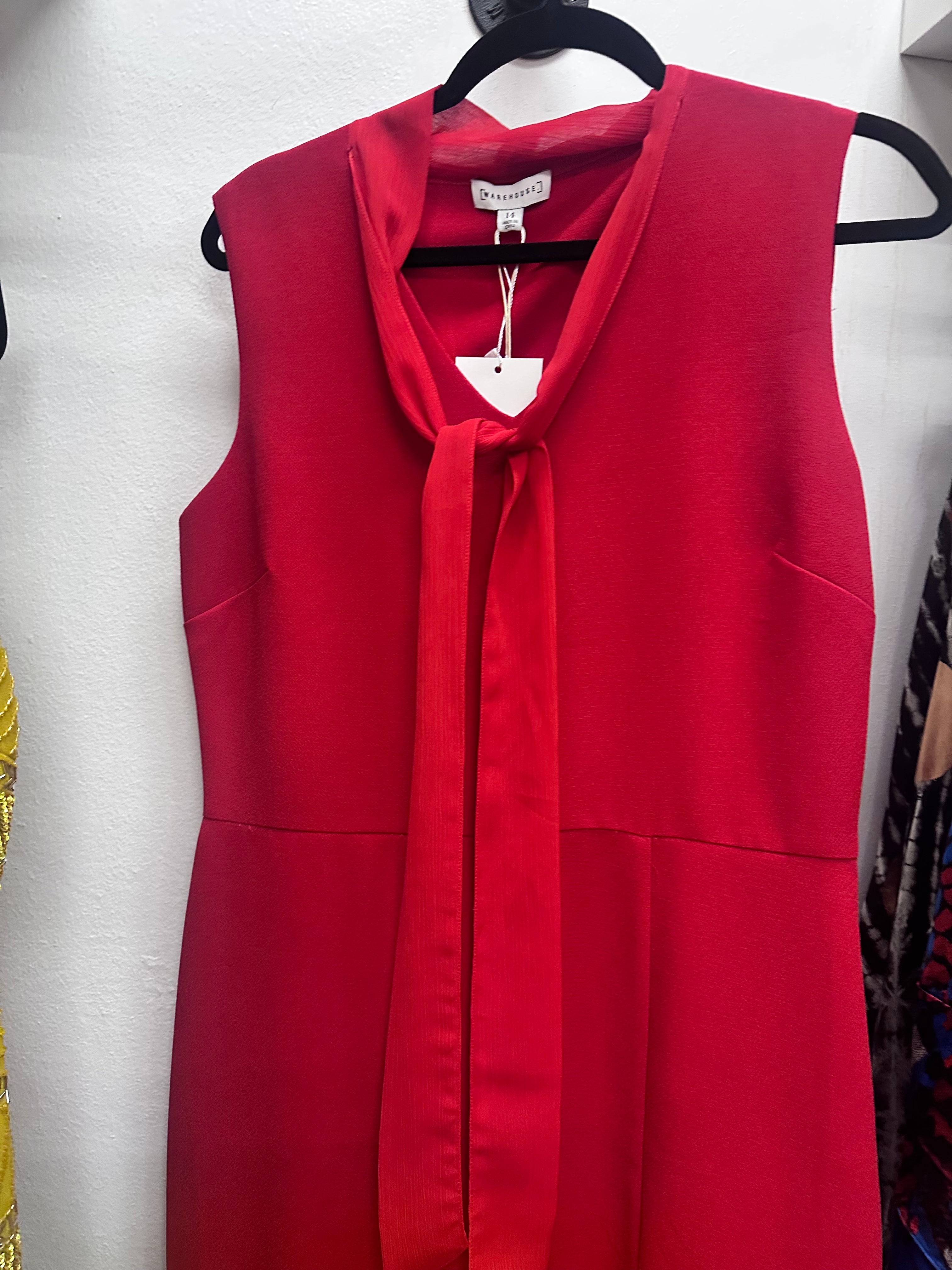 Warehouse Red Neck Tie Midi Dress
