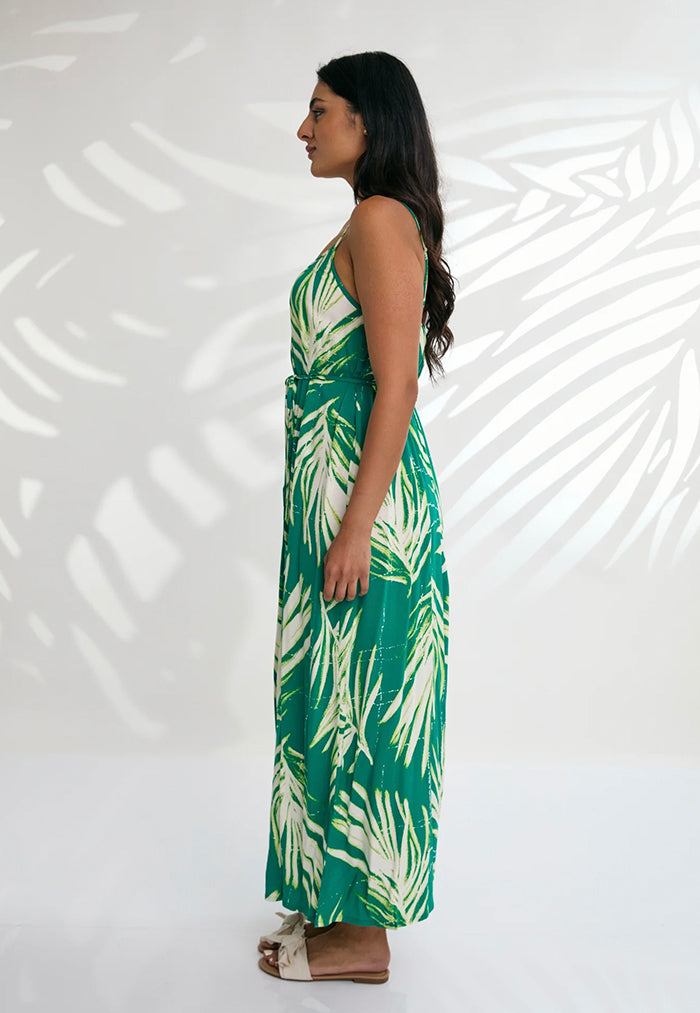 Indii Breeze Cami Plain Maxi Dress with Belt - Maui Green