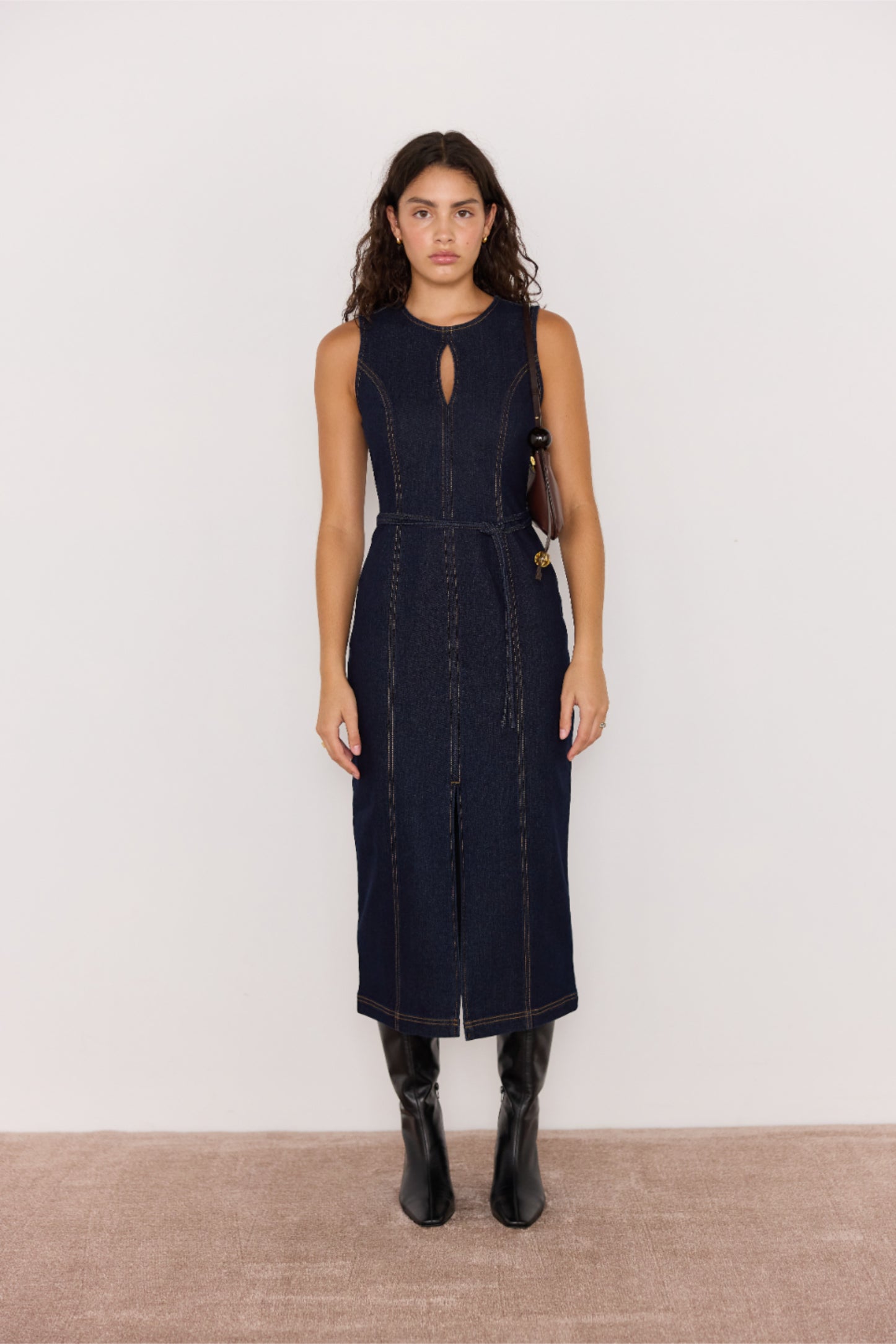 MINKPINK Raya Indigo Denim Belted Midi Dress