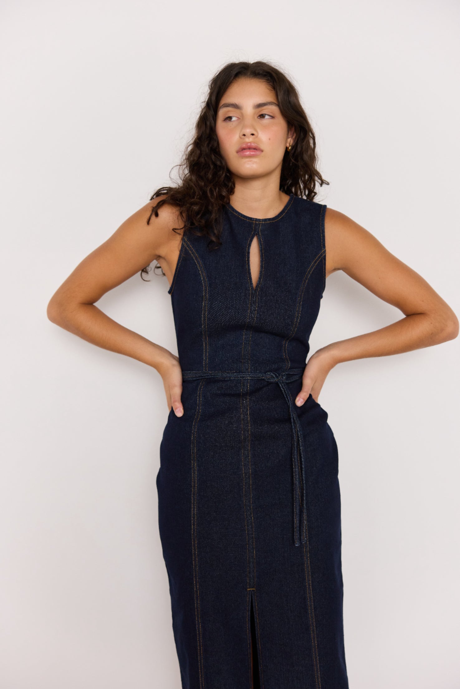 MINKPINK Raya Indigo Denim Belted Midi Dress