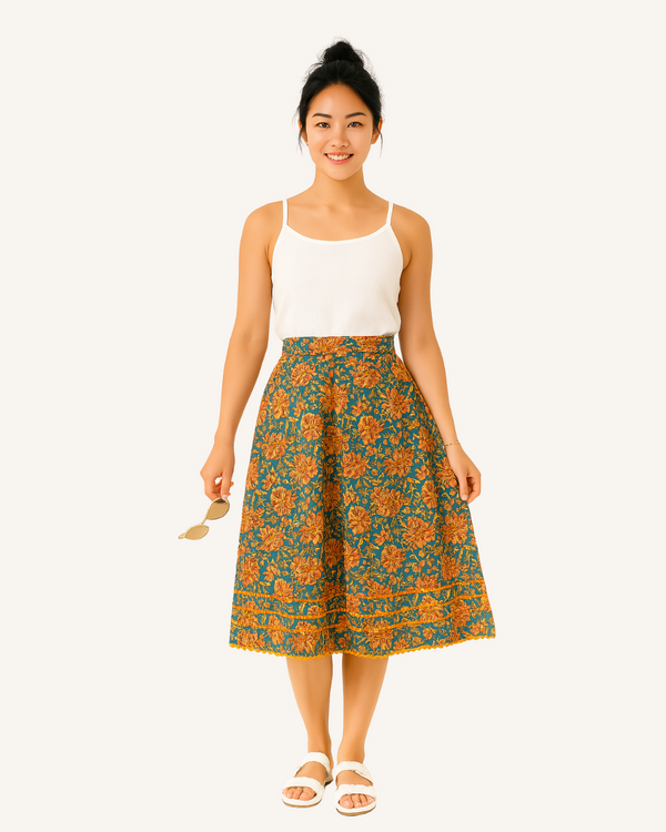 Vine and Branches Mara Wrap Skirt - Teal Yellow