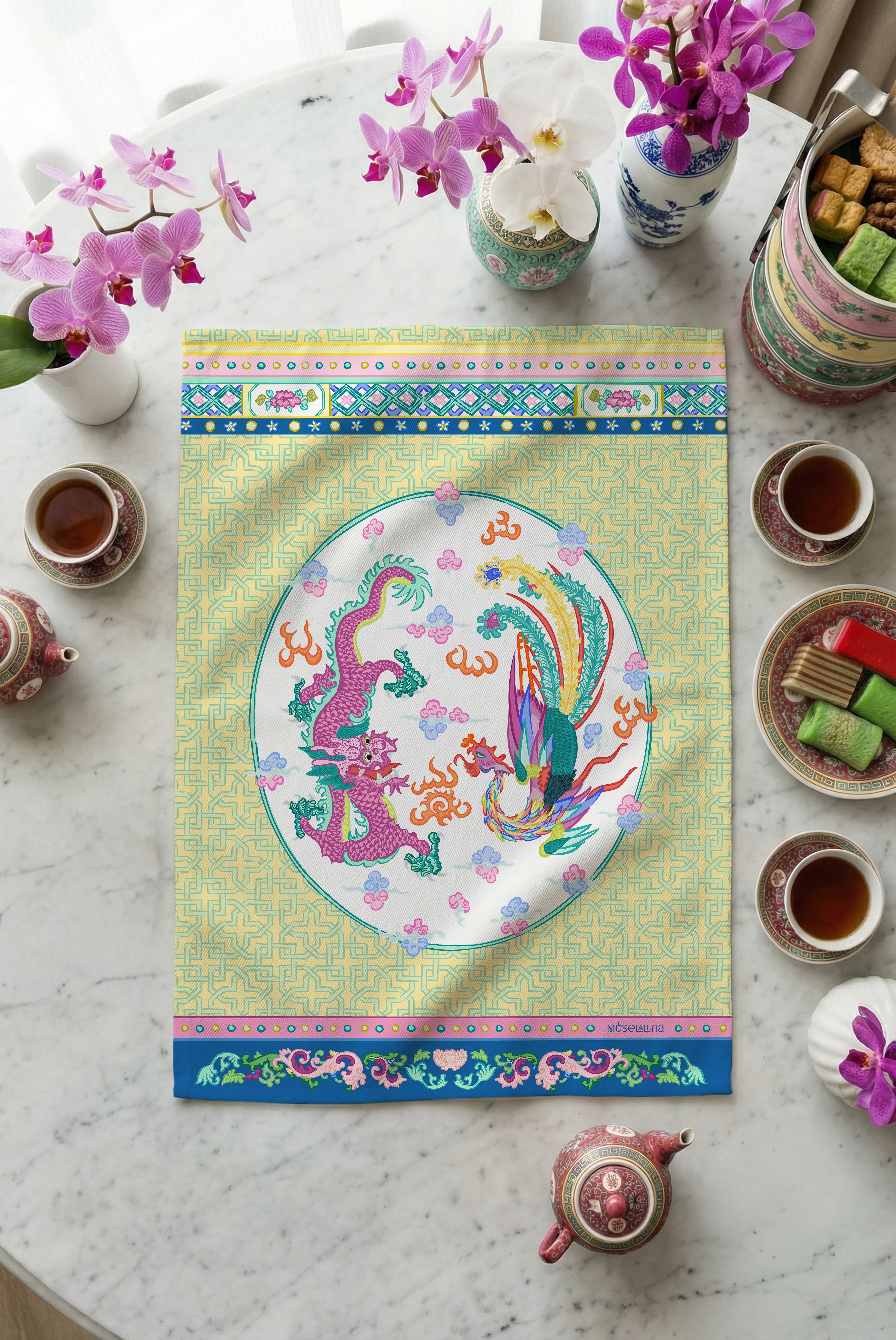 Muselaluna Tea towel - Phoenix Rising, Dragon Dancing