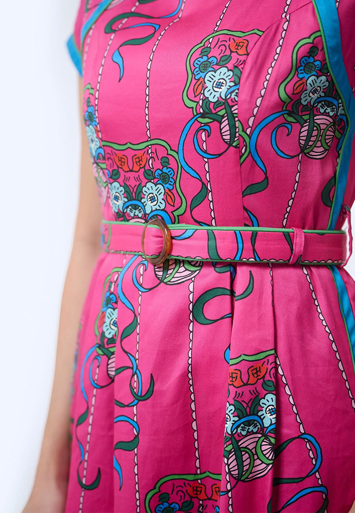 Nala Boat Neck Cheongsam - Ribbons Magenta