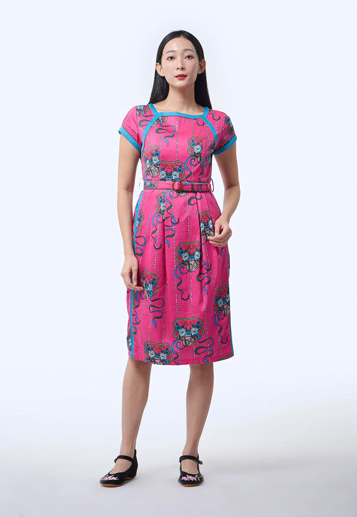 Nala Boat Neck Cheongsam - Ribbons Magenta