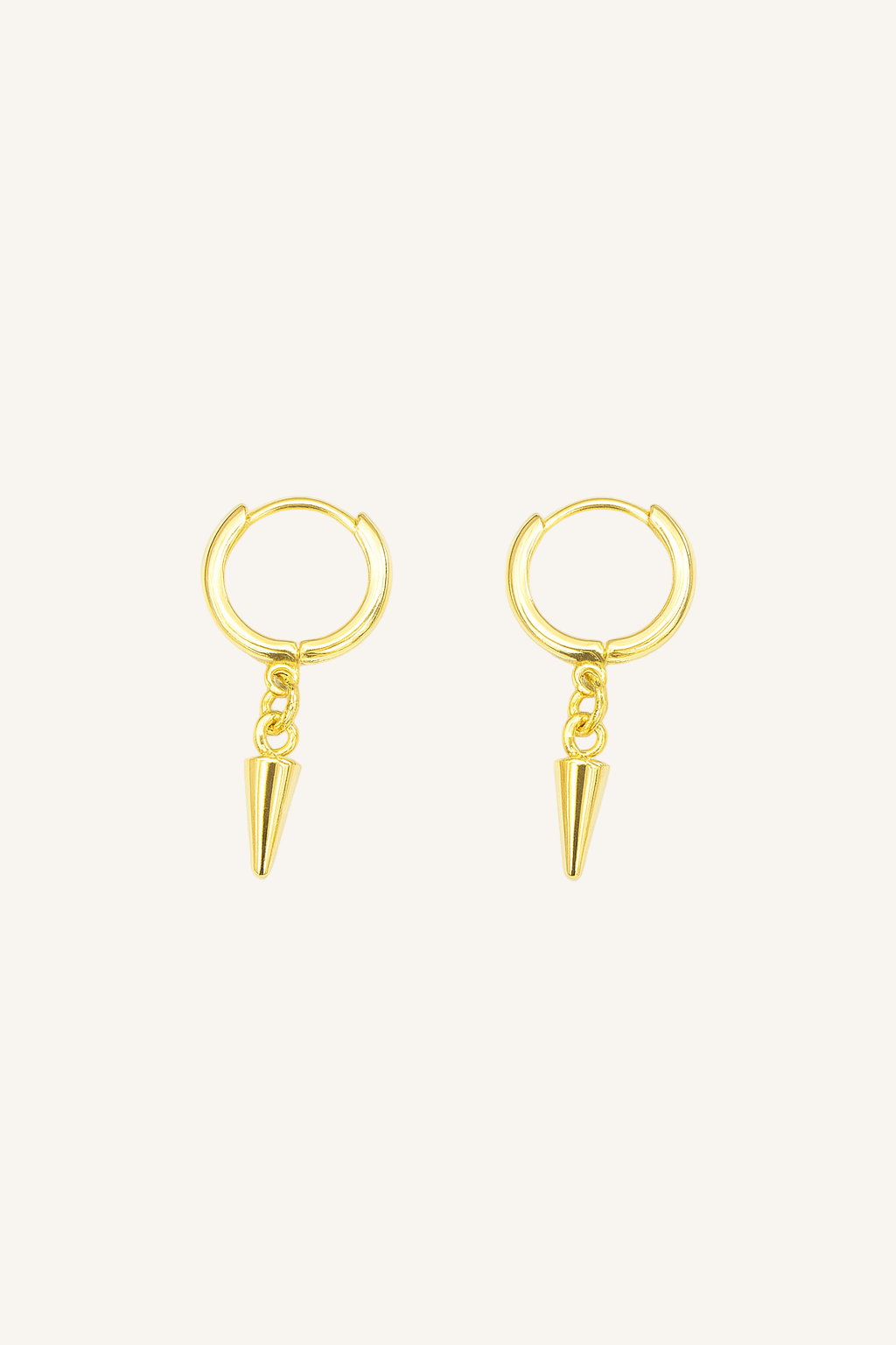 Gold hoop earrings with cone-shaped drops on a white background