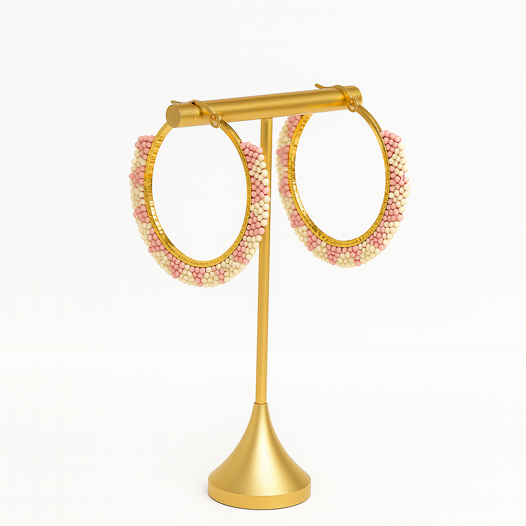 Pantala Musubi Woven Hoops - Silver Pink and Cream