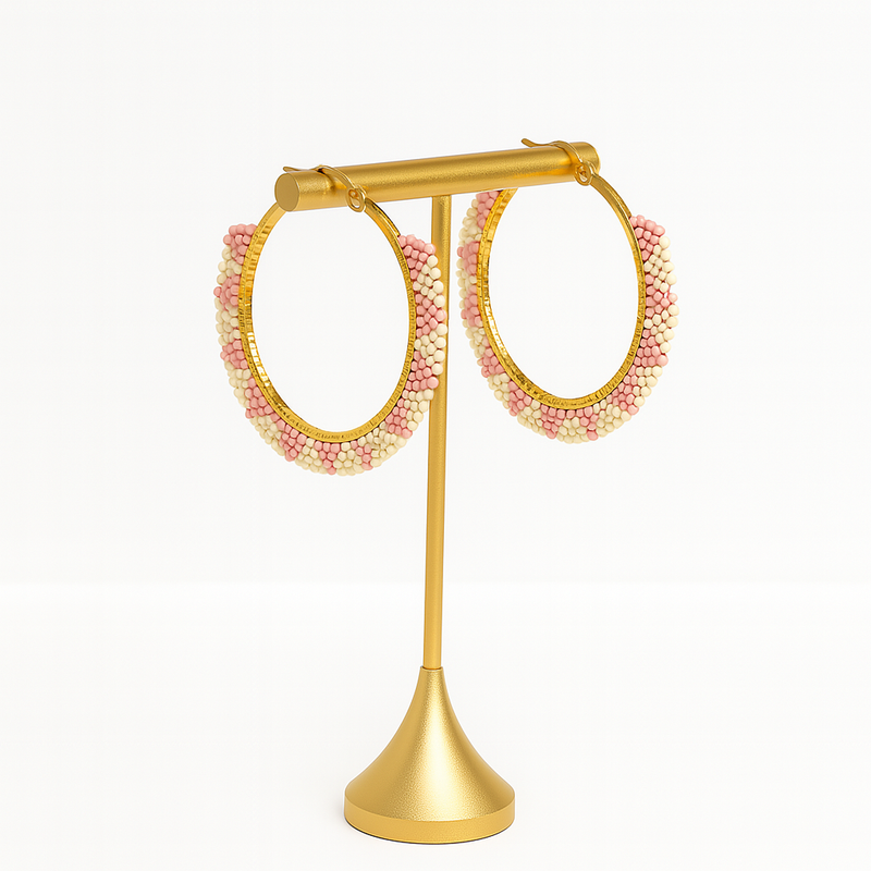 Pantala Musubi Woven Hoops - Silver Pink and Cream