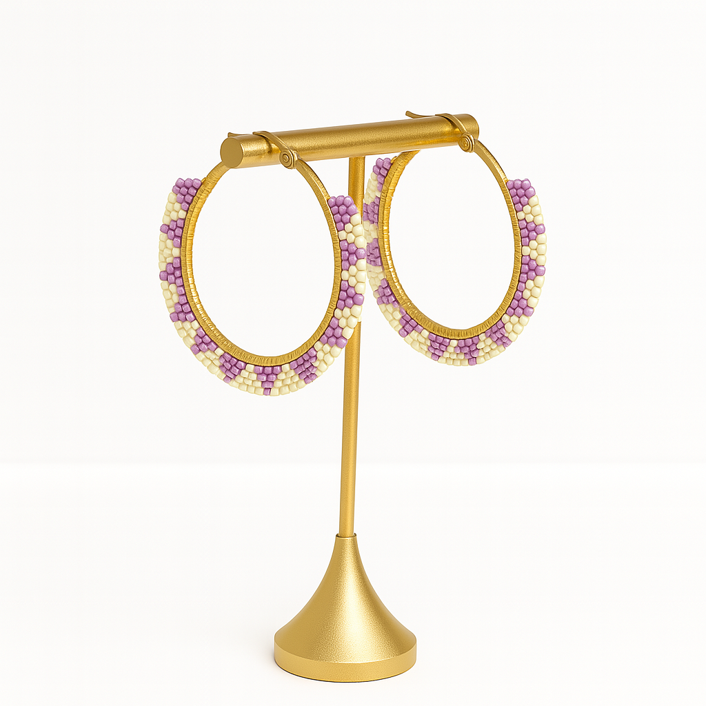 Pantala Musubi Woven Hoops - Silver Purple and Cream