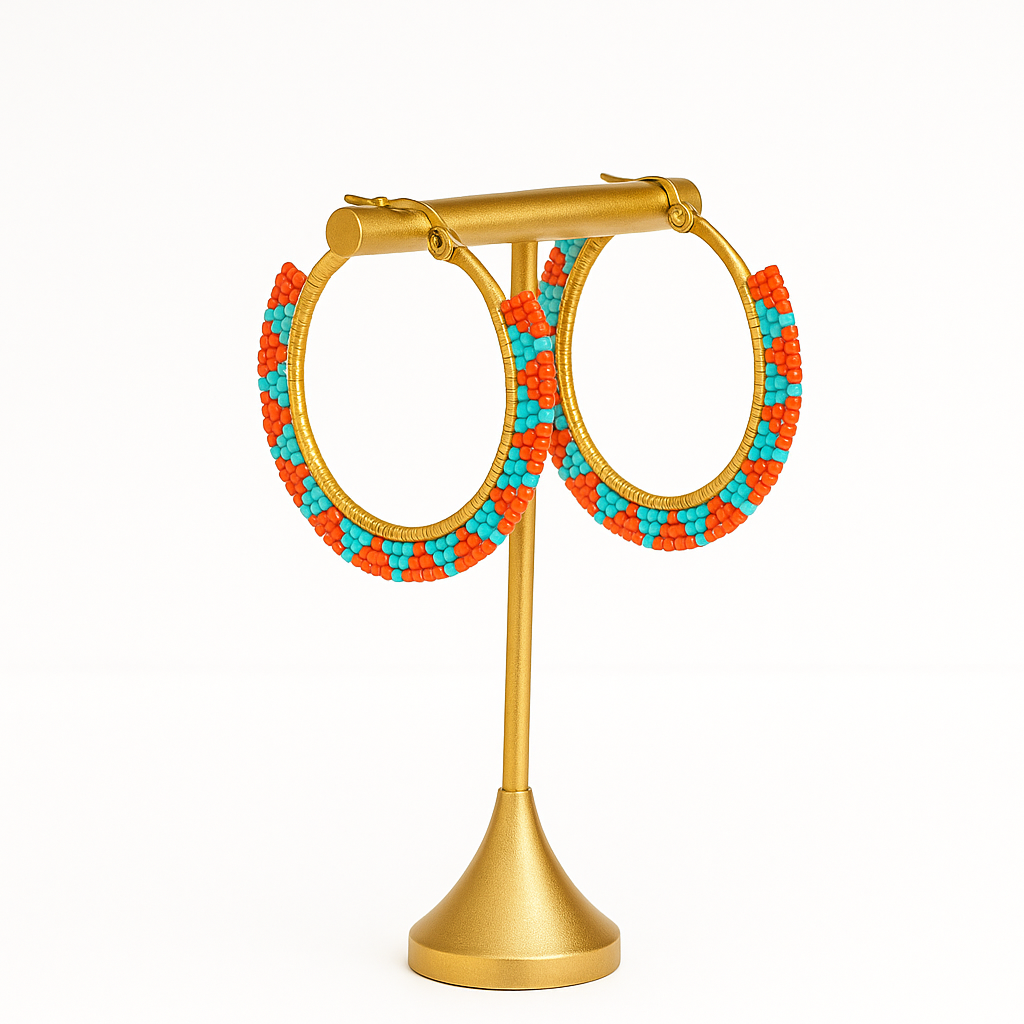 Pantala Musubi Woven Hoops - Silver Turquoise and Red