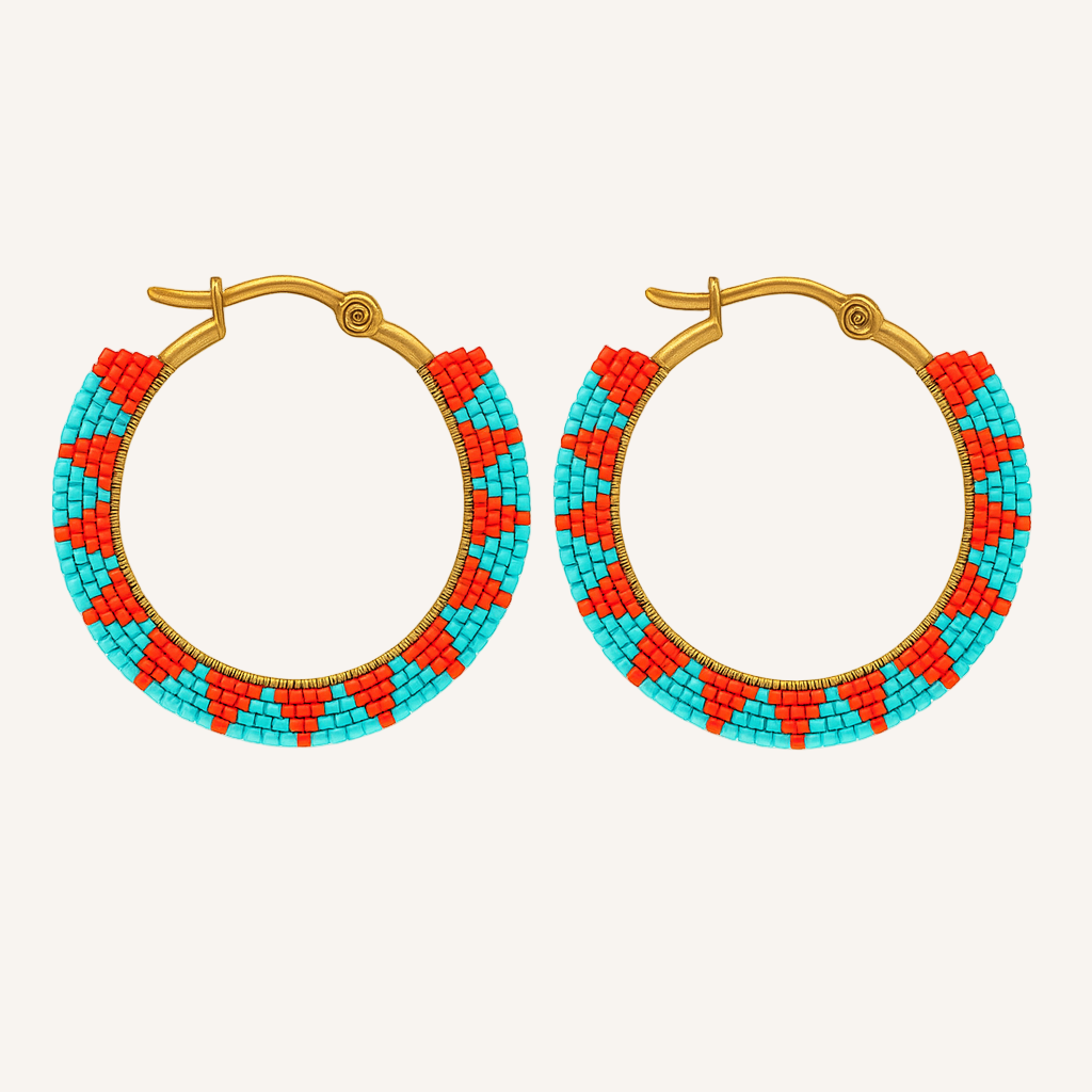 Pantala Musubi Woven Hoops - Silver Turquoise and Red