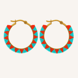 Pantala Musubi Woven Hoops - Silver Turquoise and Red