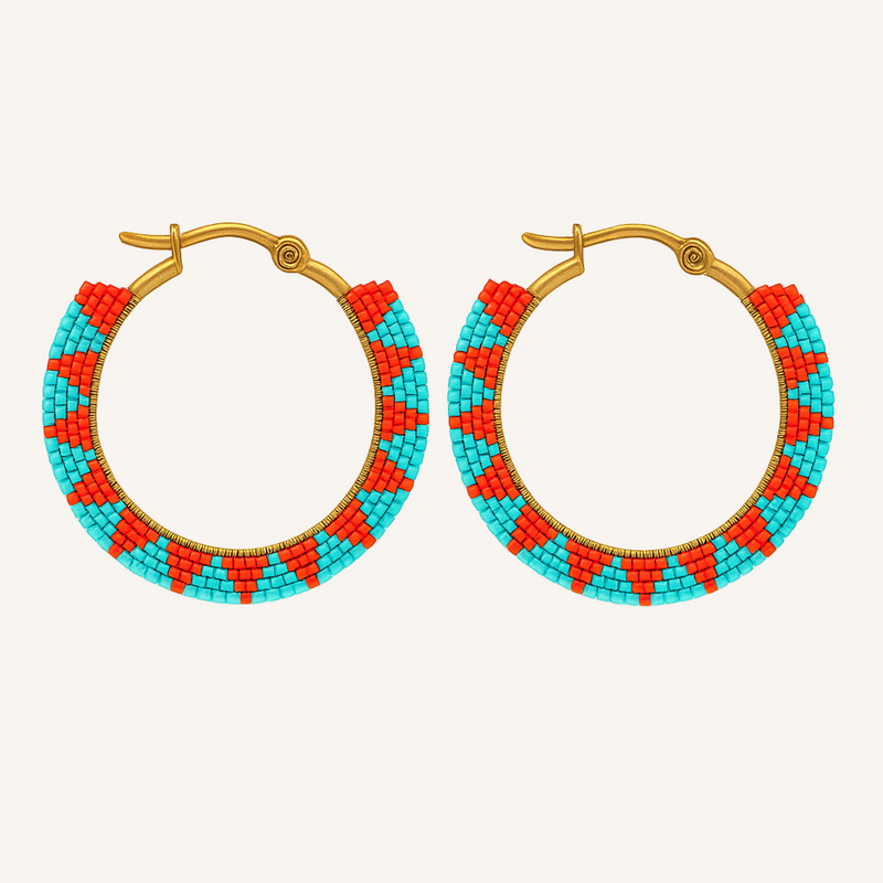 Pantala Musubi Woven Hoops - Silver Turquoise and Red