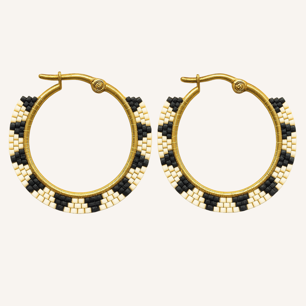 Pantala Musubi Woven Hoops - Gold Black and Cream