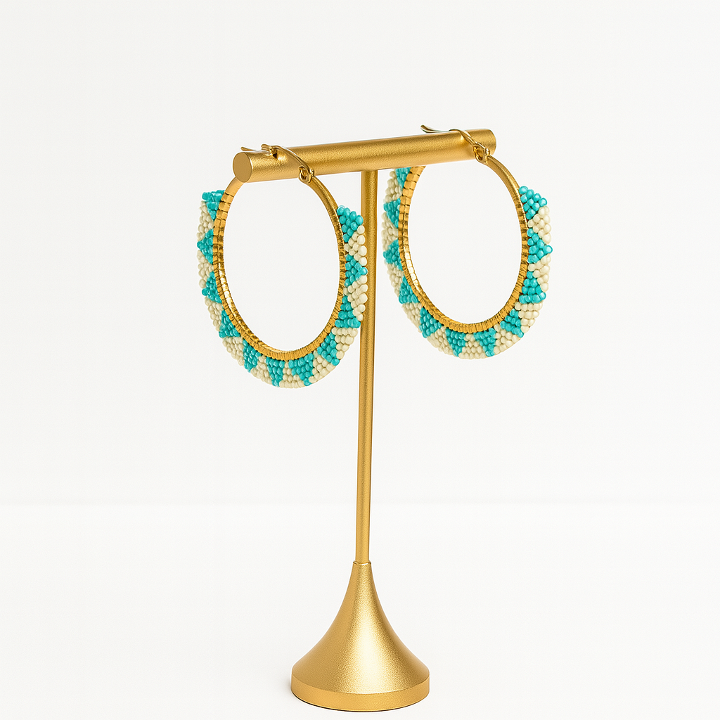 Pantala Musubi Woven Hoops - Gold Turquoise and Cream