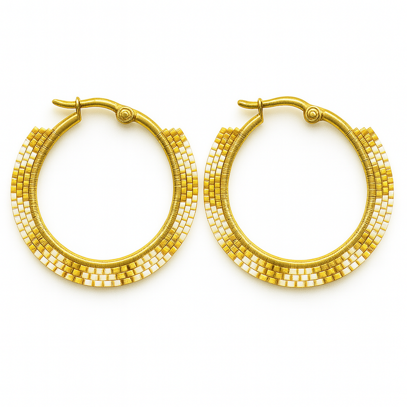 Pantala Musubi Woven Hoops - Gold and Cream