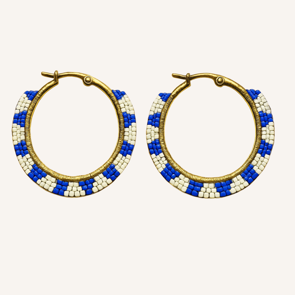 Pantala Musubi Woven Hoops - Gold Navy and White