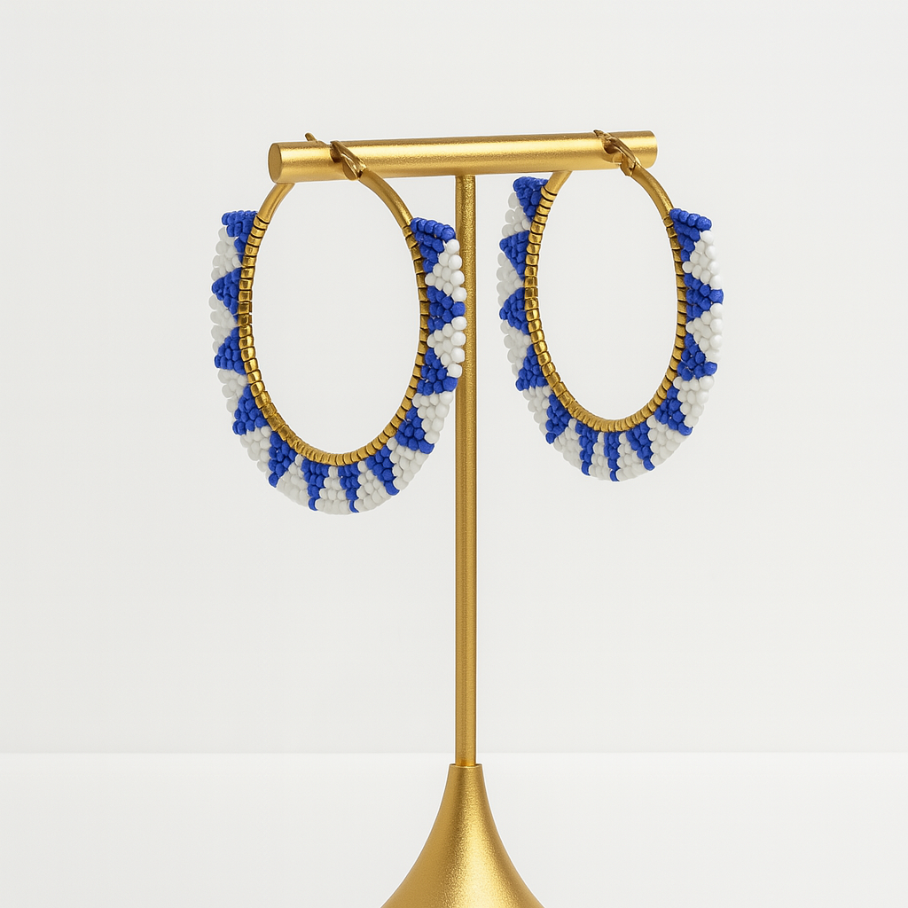 Pantala Musubi Woven Hoops - Gold Navy and White