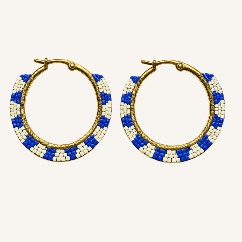 Pantala Musubi Woven Hoops - Gold Navy and White