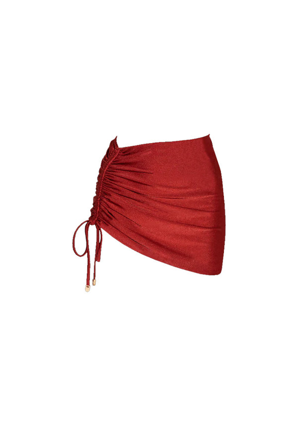 HÁI Ruched Drawstring Mini Skirt - Garnet Red