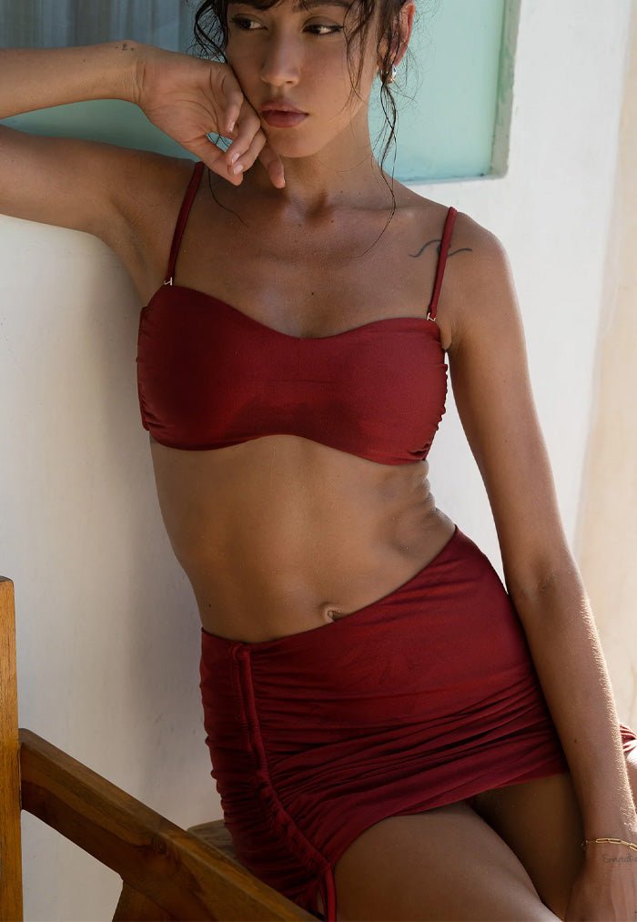 HÁI Ruched Drawstring Mini Skirt - Garnet Red
