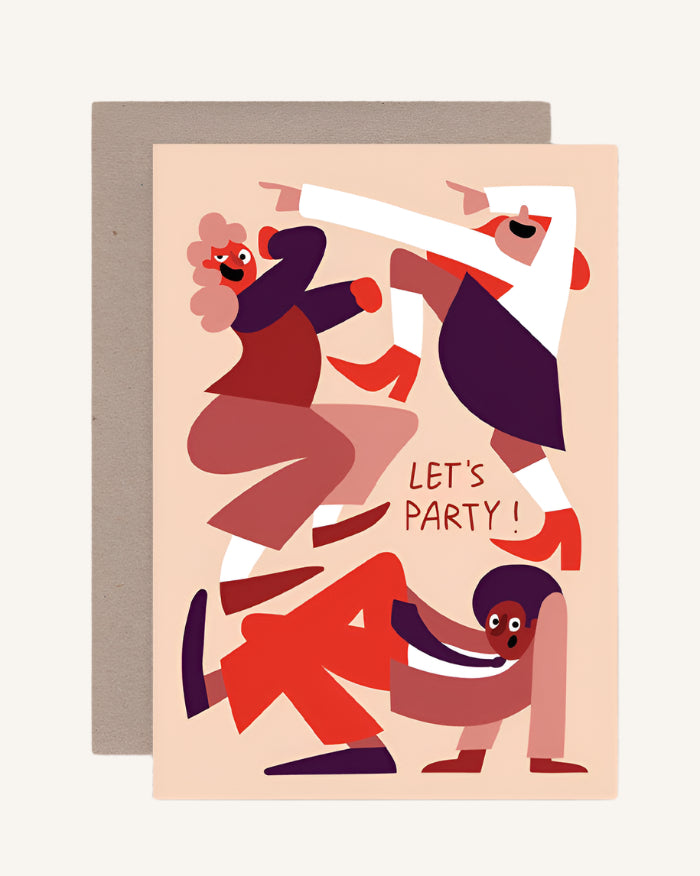 A colorful greeting card featuring an illustration of three stylized characters dancing with the text 'LET'S PARTY!' on a beige background. A brown envelope is included.