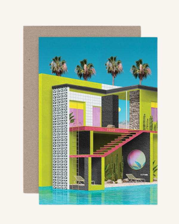 A colorful greeting card featuring an illustration of a modern house with palm trees, a pool, and abstract patterns.