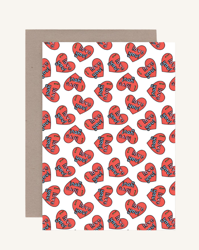 Card with red heart pattern and 'love' text on a gray background
