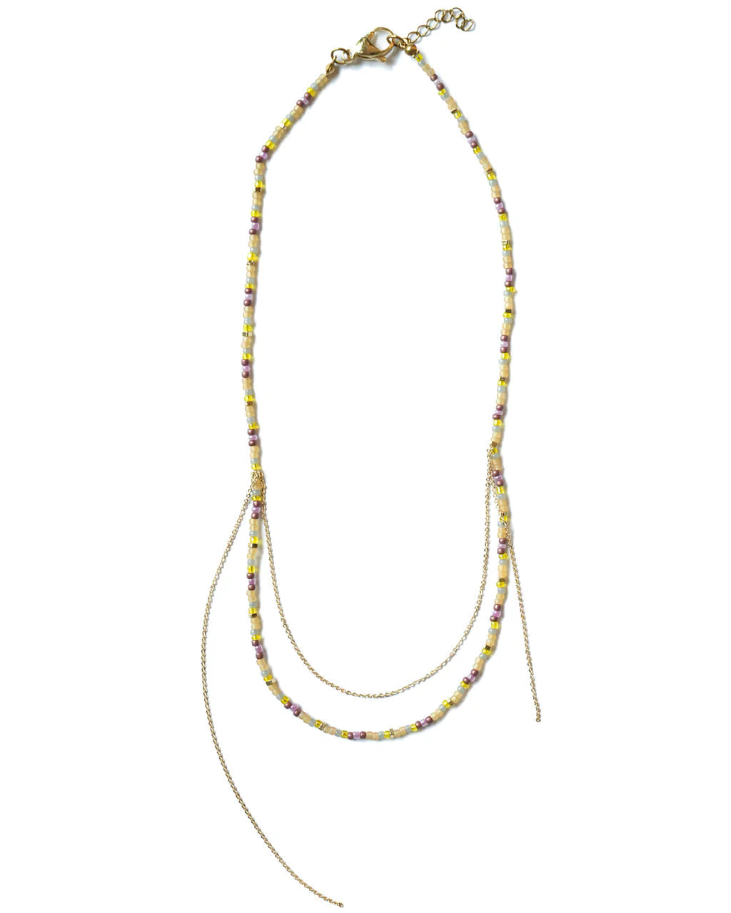 Close-up of Envet Berry Twist Necklace showing pastel Japanese glass beads and layered gold-plated chain details